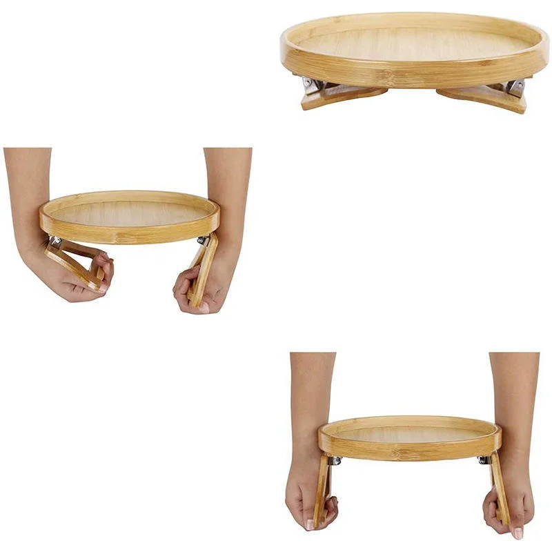 Dtk Sofa Armrest Clip-on Tray Round Bamboo Foldable Storage Round Serving Tray