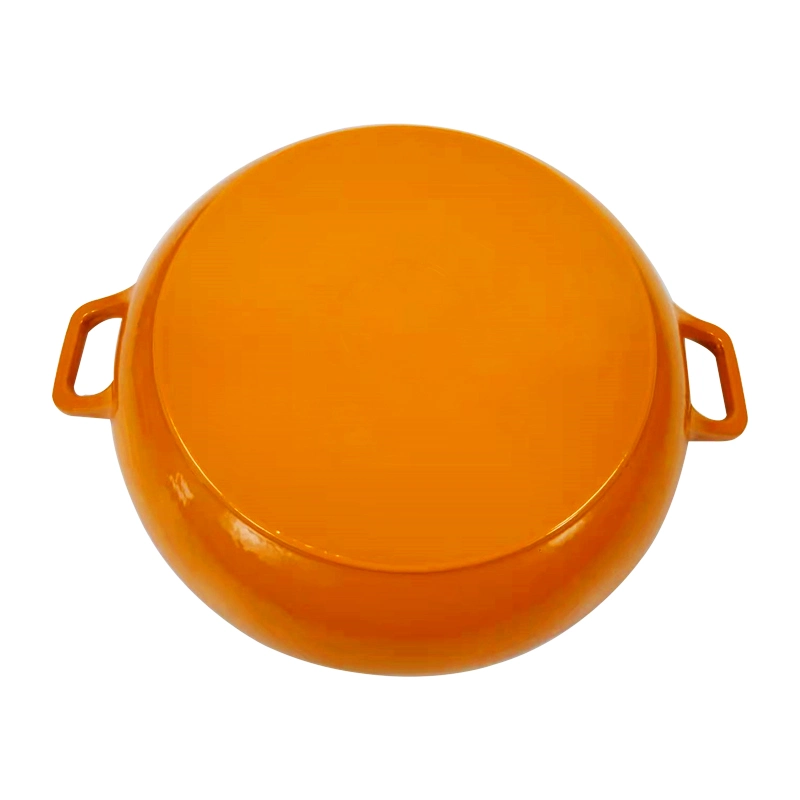 La solución de Amazon 3.8qt superficial de hierro fundido horno holandés Pot mango curvado con doble fondo plano con pomo de acero inoxidable