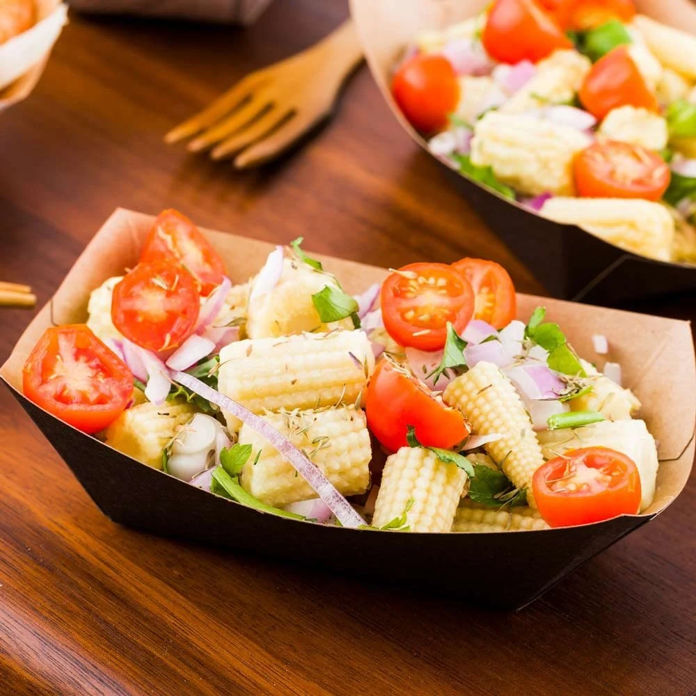 3.3-Inch Disposable Paper Food Tray - Black with Kraft Brown Interior Take out Boat: Perfect for Restaurants, Cafes, and Parties - Environmental-Friendly.