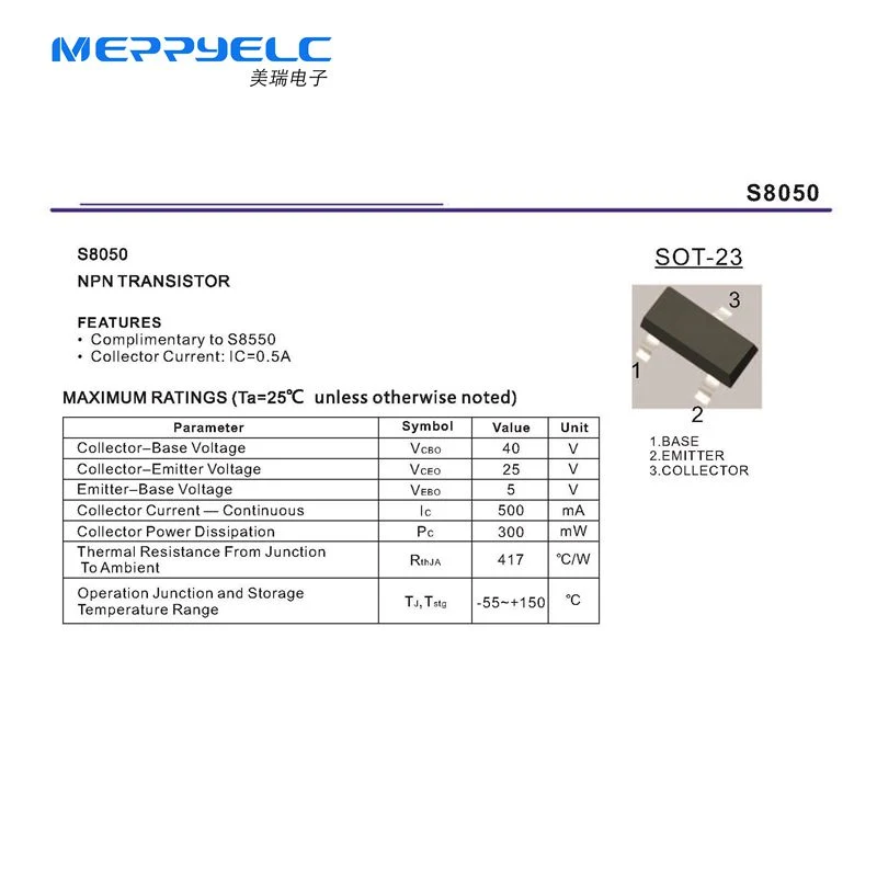 S8050 SOT-23 IC=0.5A NPN TRANSISTOR Semiconductor Diode