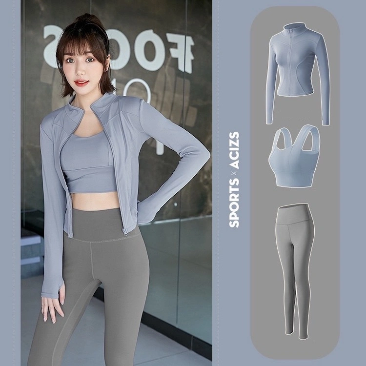 New Arrival 3 Pieces Afforable Matching Workout Sets Modest Active Wear for Women, Comfy Long Sleeve Jacket Top + Yoga Bra + Leggings Gym Clothes