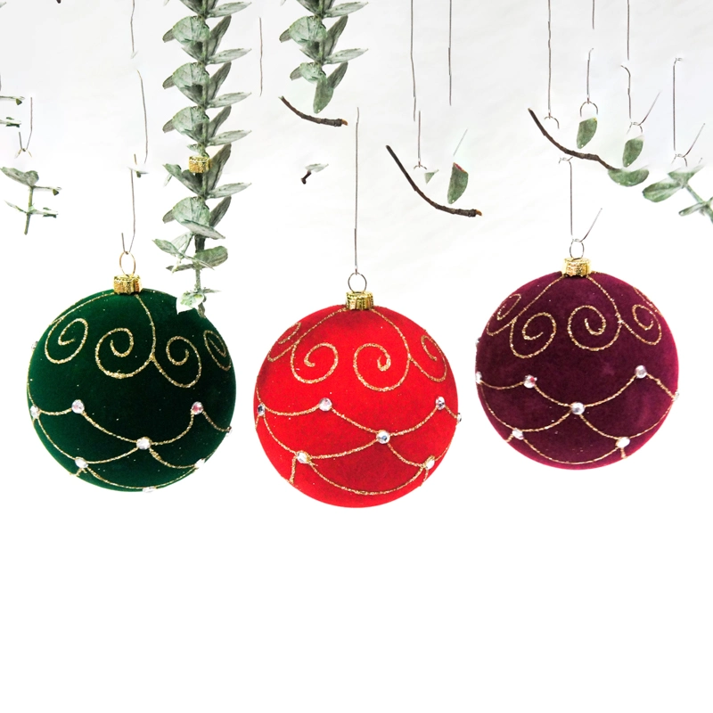 Red and Green Flocking Christmas Glass Ball Hanging Christmas Tree Decoration
