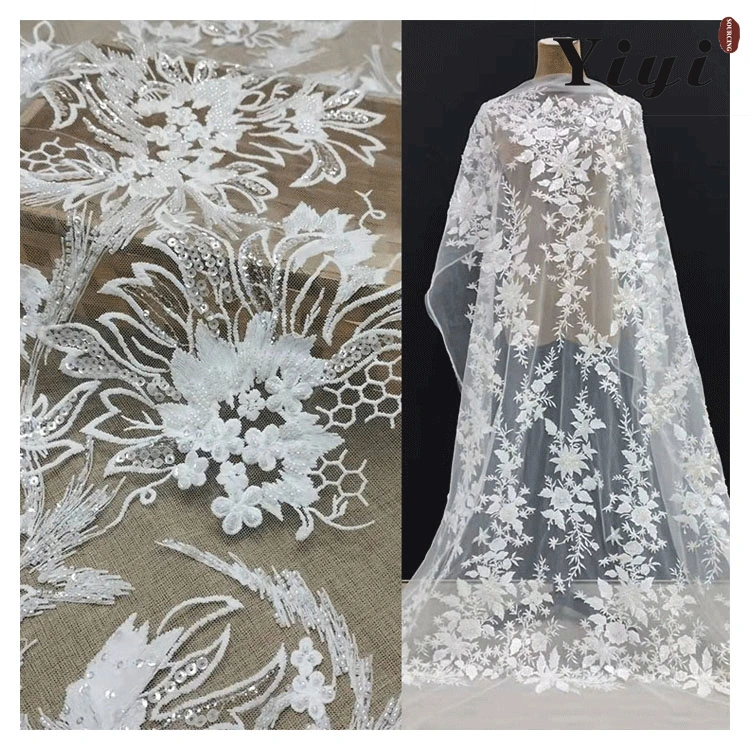 Dyeing Color Customized 3D Beads Shiny Fashion Lace Mesh Embroidery Fabric for Wedding Dress, Evening Gowns