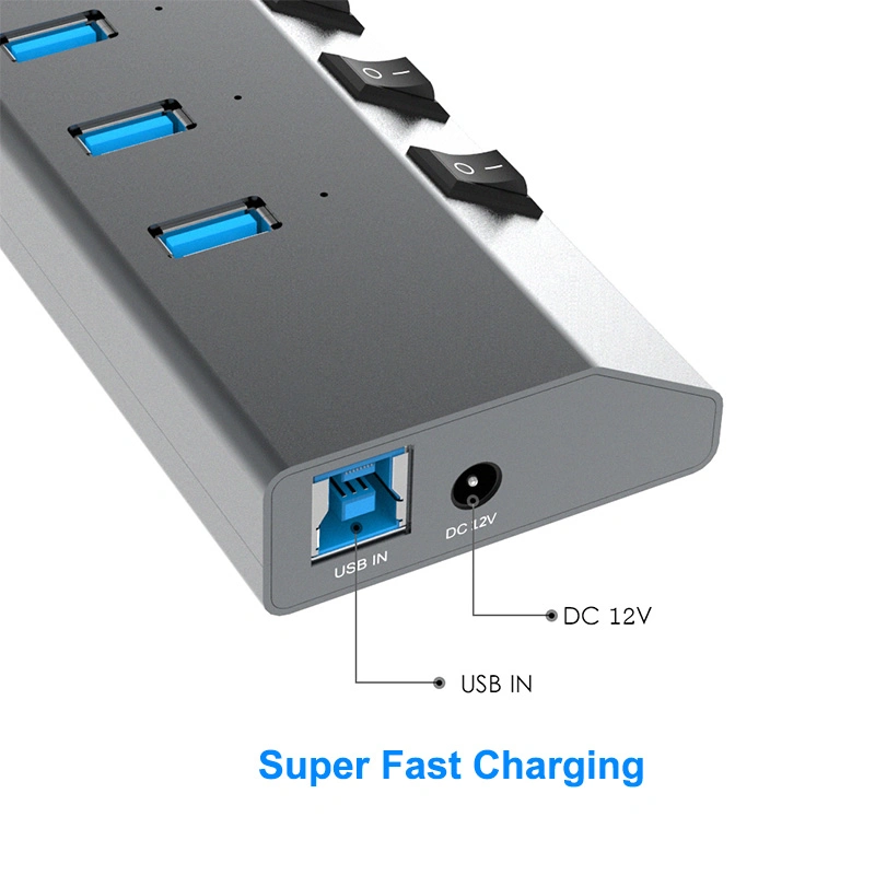 Concentrateur 7 ports USB3.0 haute puissance avec commutateurs d'alimentation individuels Moyeu