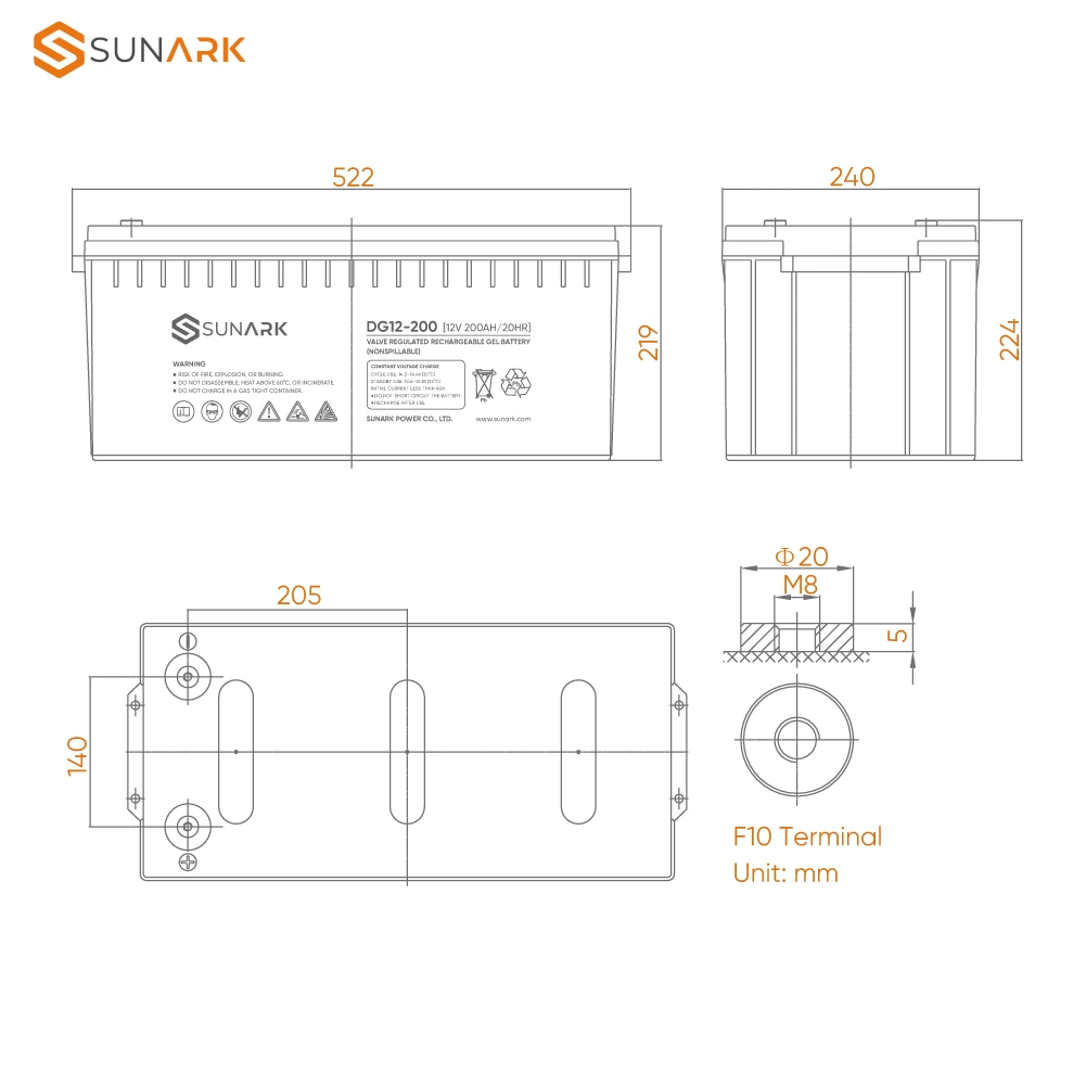 Vente à chaud Sunark Gel Solar Battery 200ah 12 volts 200 AMP silicone Gel Prix de la batterie