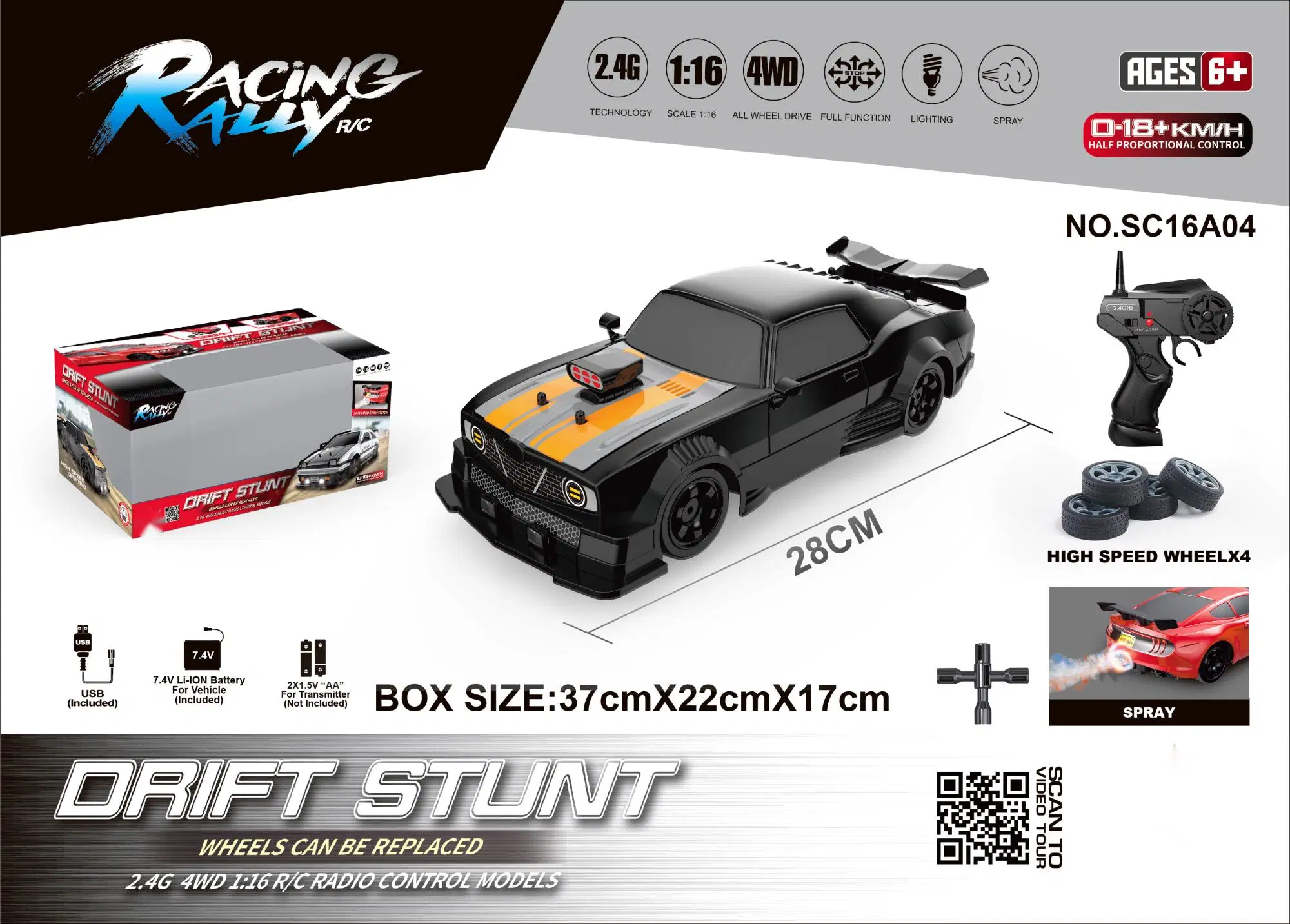 2022 New Product 1: 16 Simulation 4WD Drift Car Window Box 2.4GHz LED Lights Smoke Function Remote Control Distance of 35 Meters 4 Wheel Drive Drift Performance