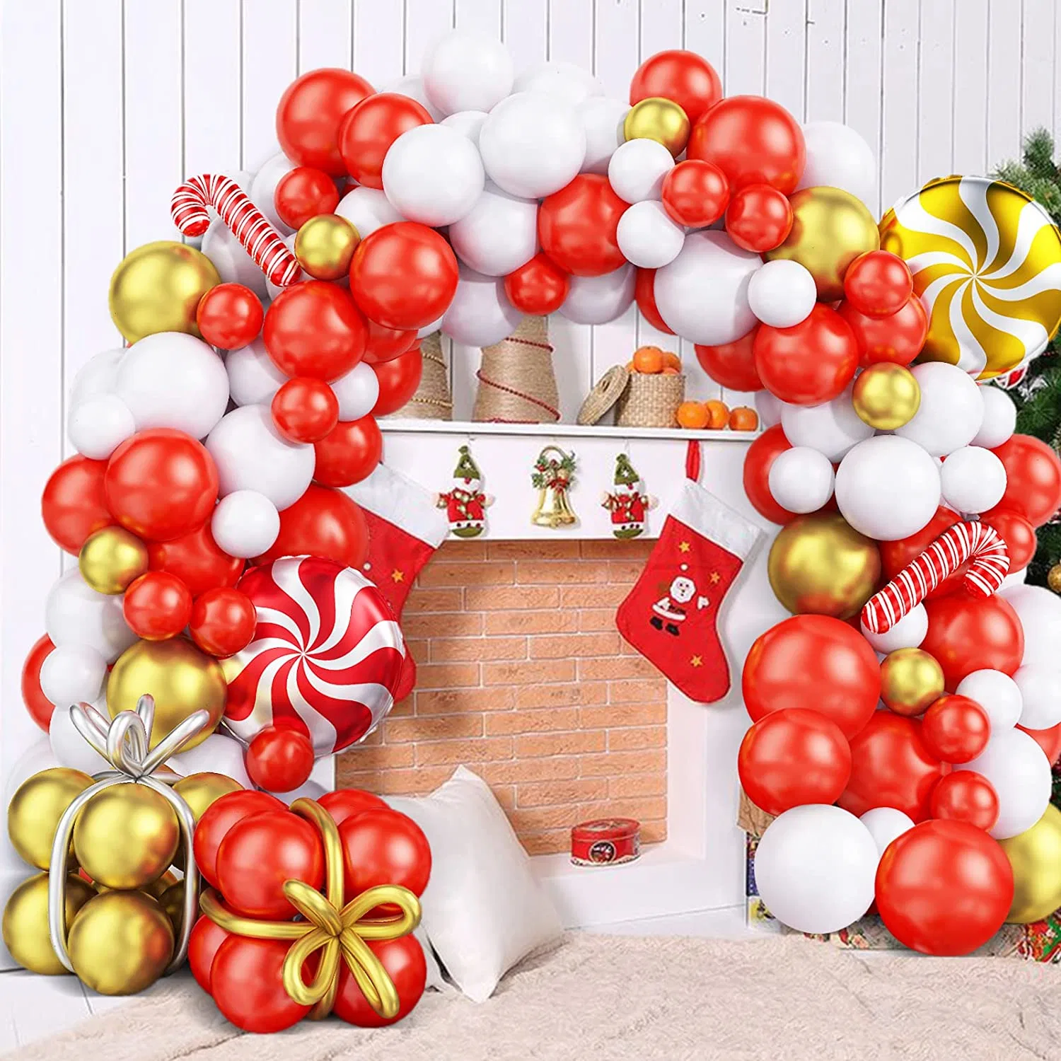 112PCS Red White Gold Christmas Balloon Garland Arch Kit with Gold Confetti Balloon Candy Cane Red Foil Balloon for Christmas New Year Party Decorations