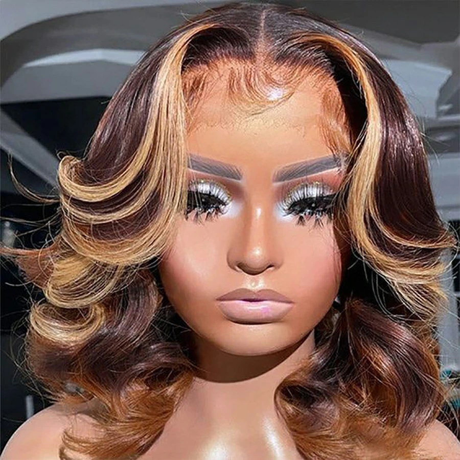 Frontal Wig Honey Brown Ombre Highlight Human Hair Closure Wigs