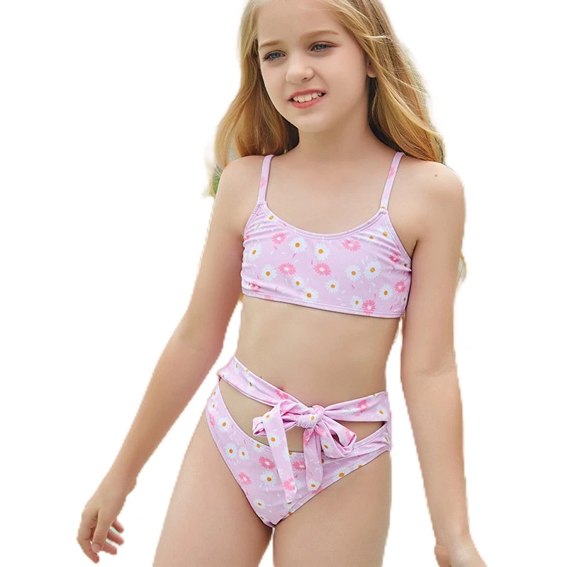 New Girls Bikini Split Swimsuit Digital Printing Hollow Tie Children's Swimwear