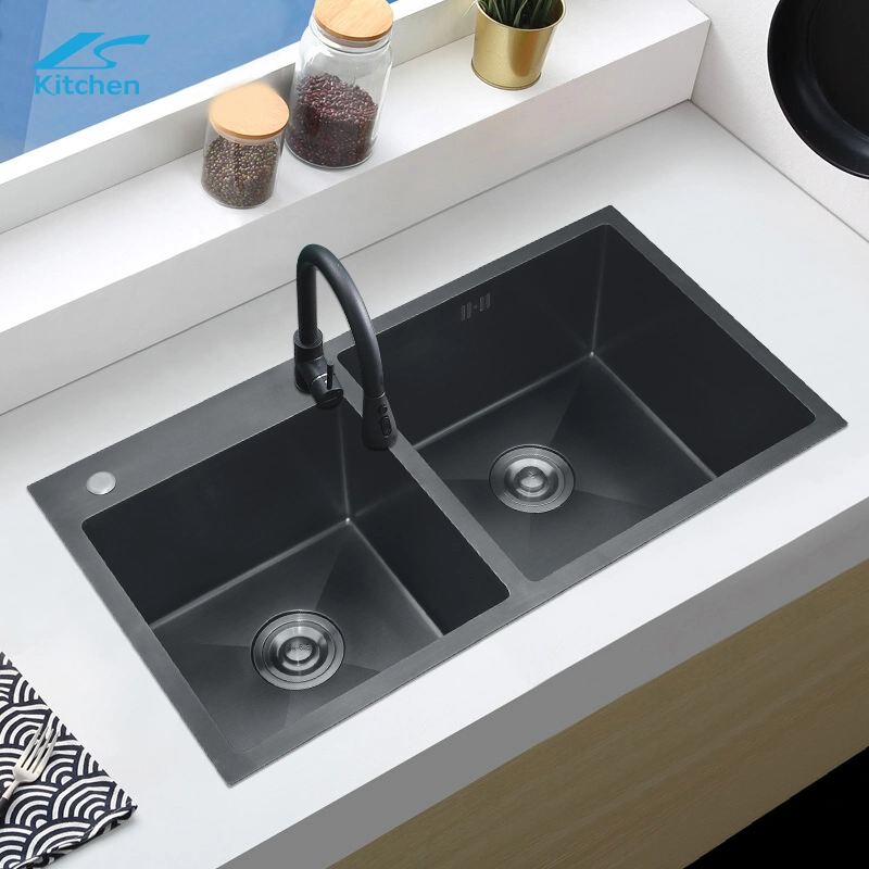 Fashion Topmount 304 Stainless Steel Handmade Black Double Bowl Kitchen Sink