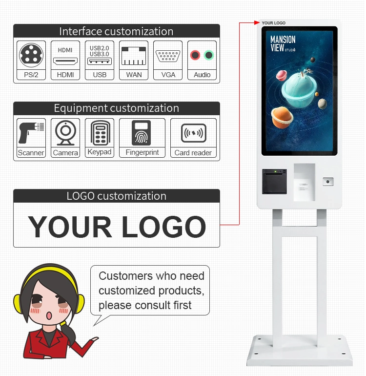 Custom POS System Built-in Ticket Printer Capacitive Touch Screen Payment Self-Ordering Kiosk for Kfc Mcdonald