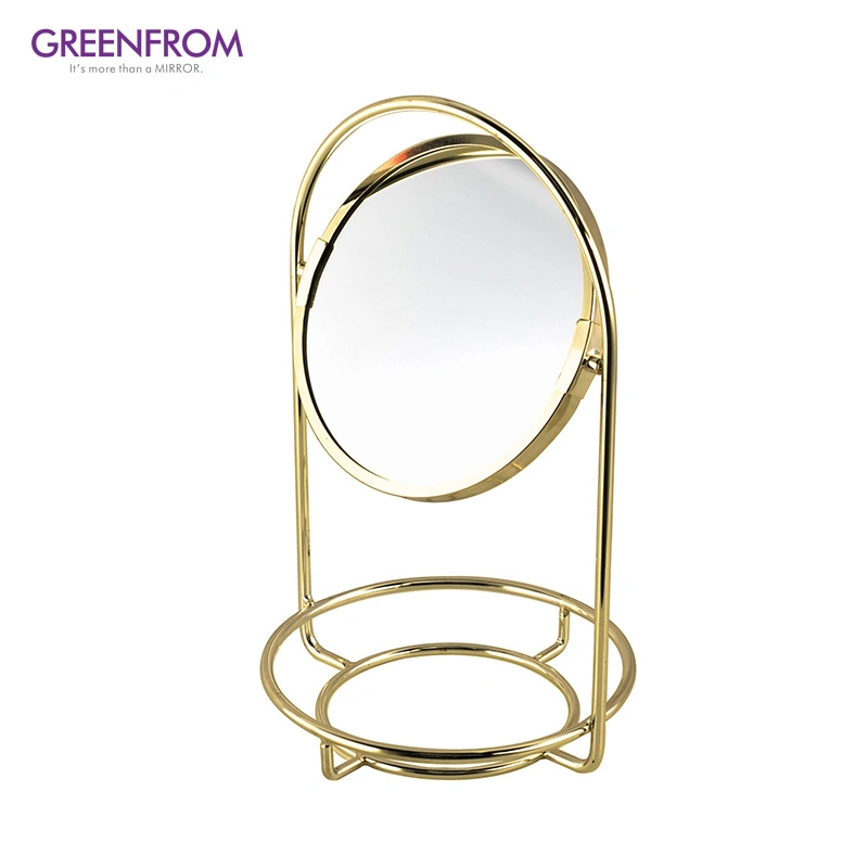 Customized 6 Inch Magnifying Gold Cosmetic Vanity Table Makeup Mirror with Wooden Storage Tray