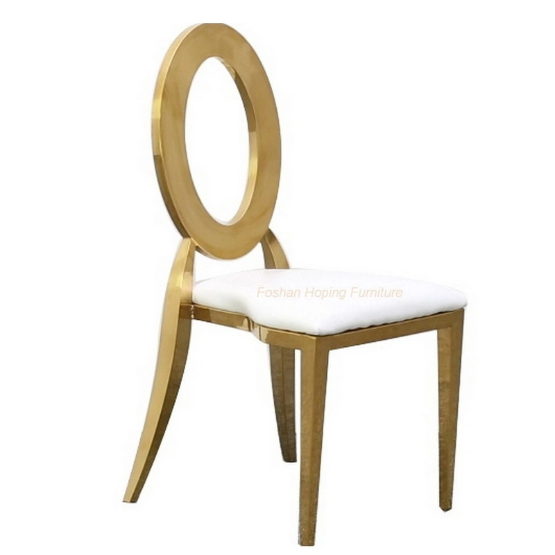 Vente chaude Prix de gros Salon Chaise de loisirs Meubles Hôtel Restaurant Dossier rond avec Creux Chaise en acier inoxydable de haute qualité pour salle à manger de mariage en or.