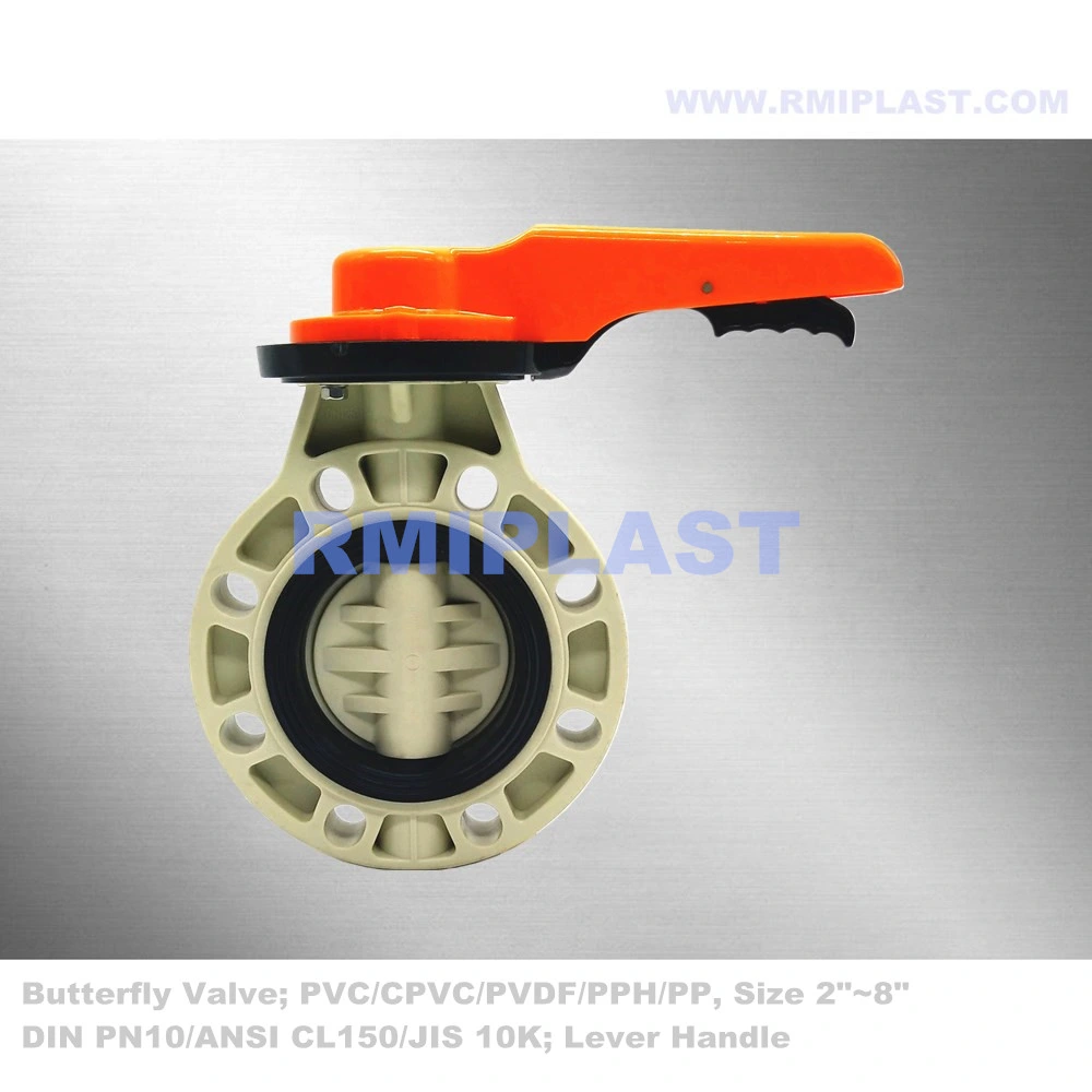 Plastic Butterfly Valve with PP Pph Body Disc EPDM FPM Seat Seal Wafer Flange ANSI #150 DIN Pn10 JIS 10K BS Manual Operate Hand Lever for Chemical Industry