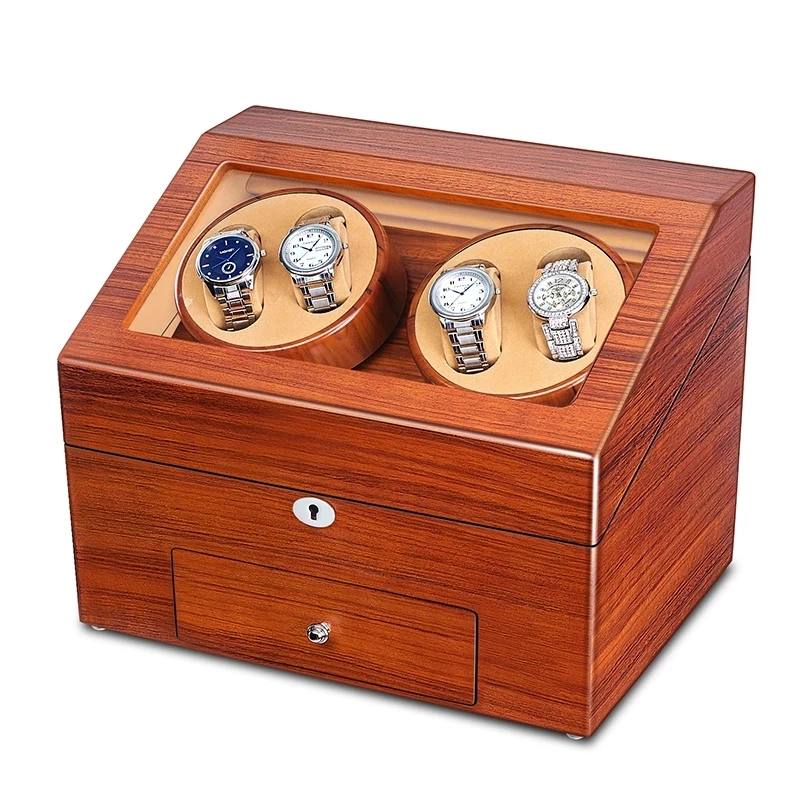 Automatic Wood Watch Winder Display Box 4+9 Storages Fraxinus Mandshurica Ultra-Quiet Japanese Motor Brown Velvet