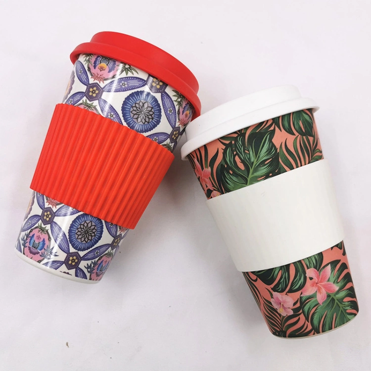 Customerised Colored Printing Natural Bamboo Fiber Coffee Cup with Silicone Lid and Sleeve