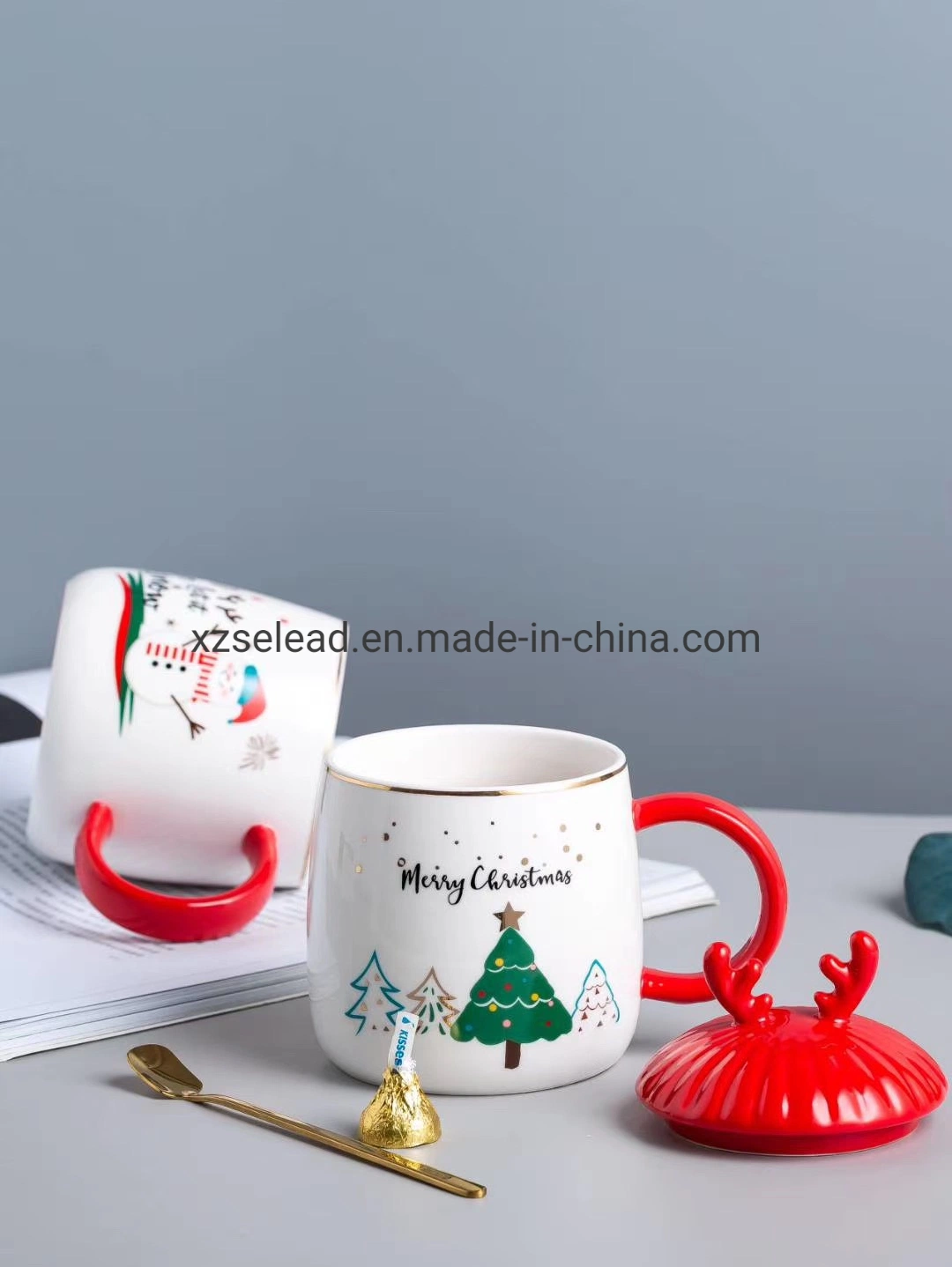 Weihnachten Emaille Paar Becher Geschenk-Set Kaffee Tassen Weiß Rentier Tassen Sublimation Keramik Weihnachtsgeschenk Custom Printed Keramik