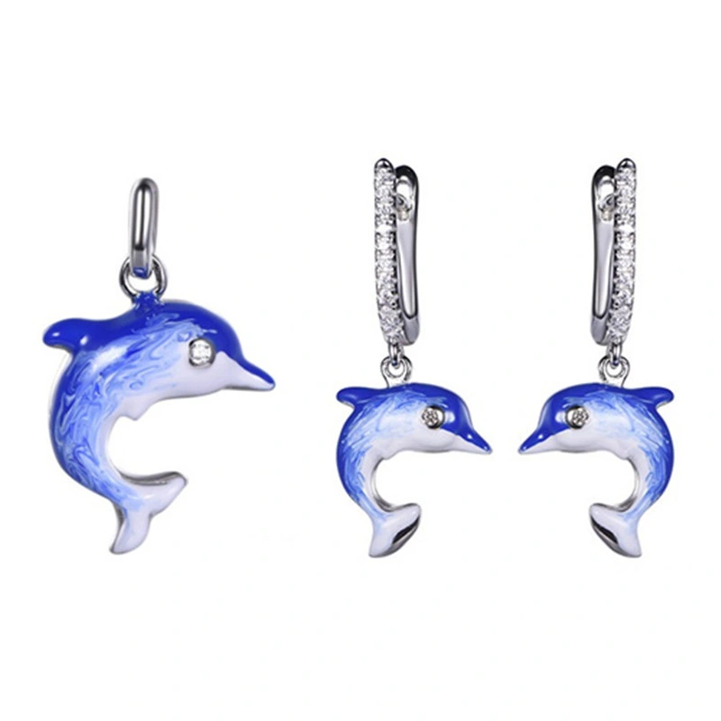 Girl&prime; S 925 Silver Enamel Dolphin Pendant Earring Jewelry Set
