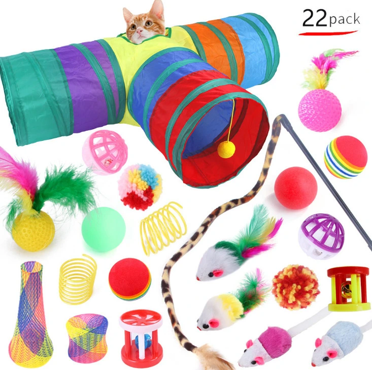 Cat Toys Kitten Toy Tunnel - 25PCS Indoor Interactive Toy Includes - Rainbow Tunnel Feather Teaser Fluffy Mouse Crinkle Balls Spring Toy Catnip Fish for Cats