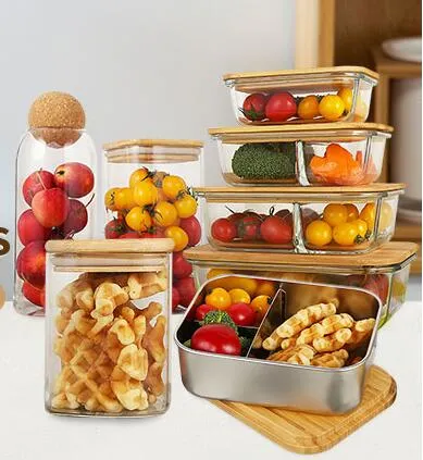 Eco-Friendly Glass Meal Microwave Oven Freeze Dishwasher Safe Glass Food Storage Containers with Bamboo Lid