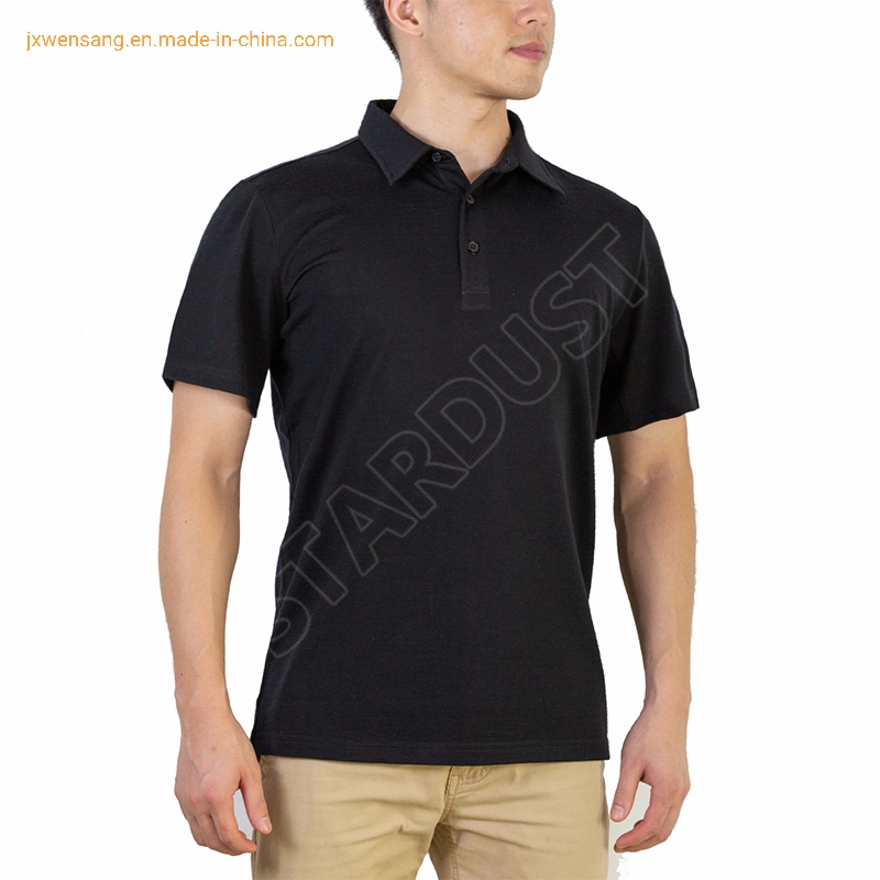 Custom Design Outdoor Sports Hiking Black Merino Wool Polo Shirt for Men