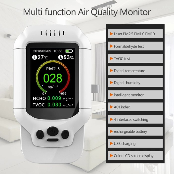 Portable Digital Air Quality Monitor Small Tester for Household Air Quality with Rechargeable Li-Battery 1500mAh