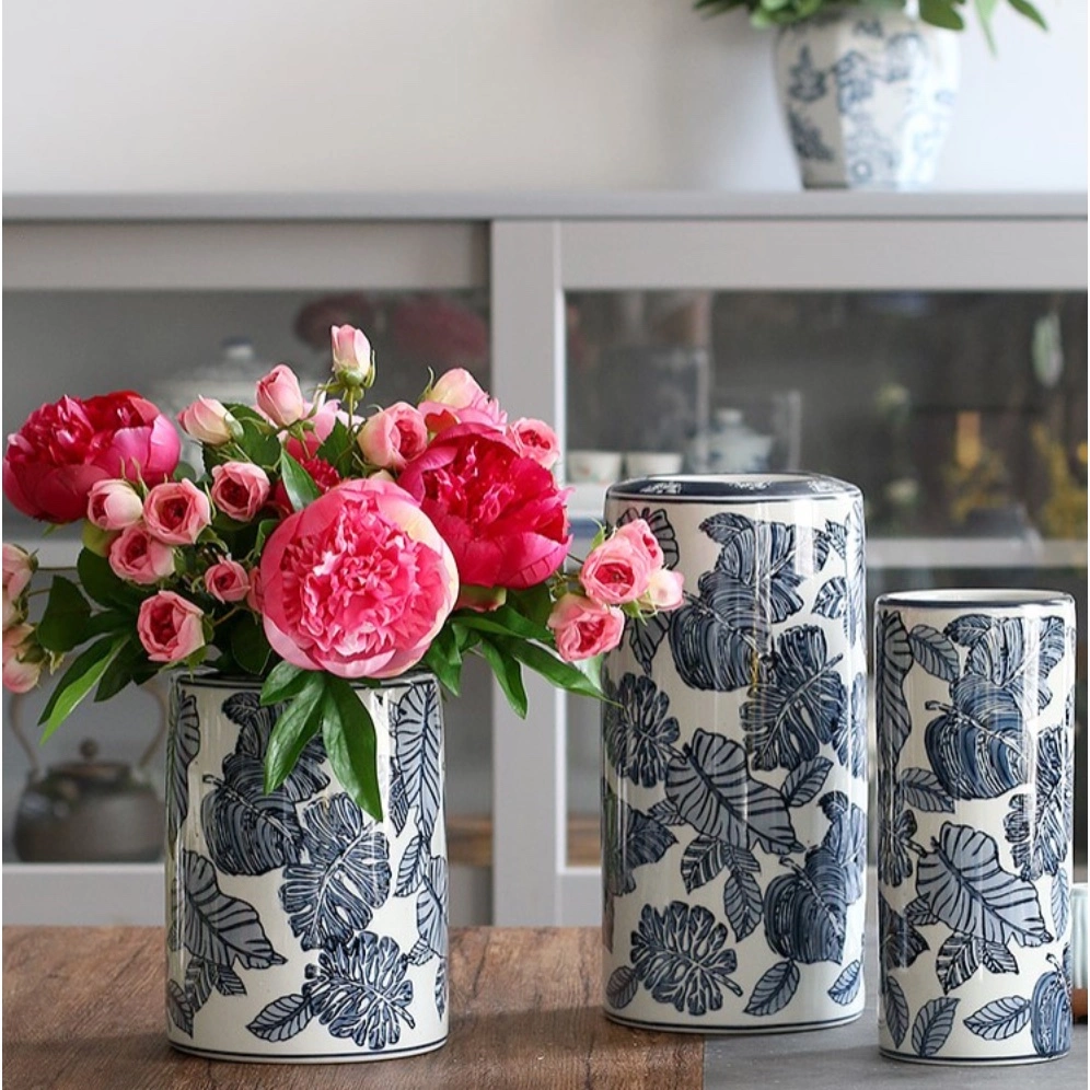 Handgemachte Keramik Blau und Weiß Blumenvase hoch Dekoratives Porzellan Keramik