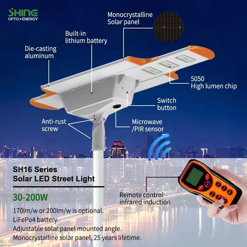 Éclairage public alimenté par l'énergie solaire tout-en-un de 30W à 200W, IP66, intégré à une lumière LED, projecteur de jardin routier avec détecteur de mouvement.