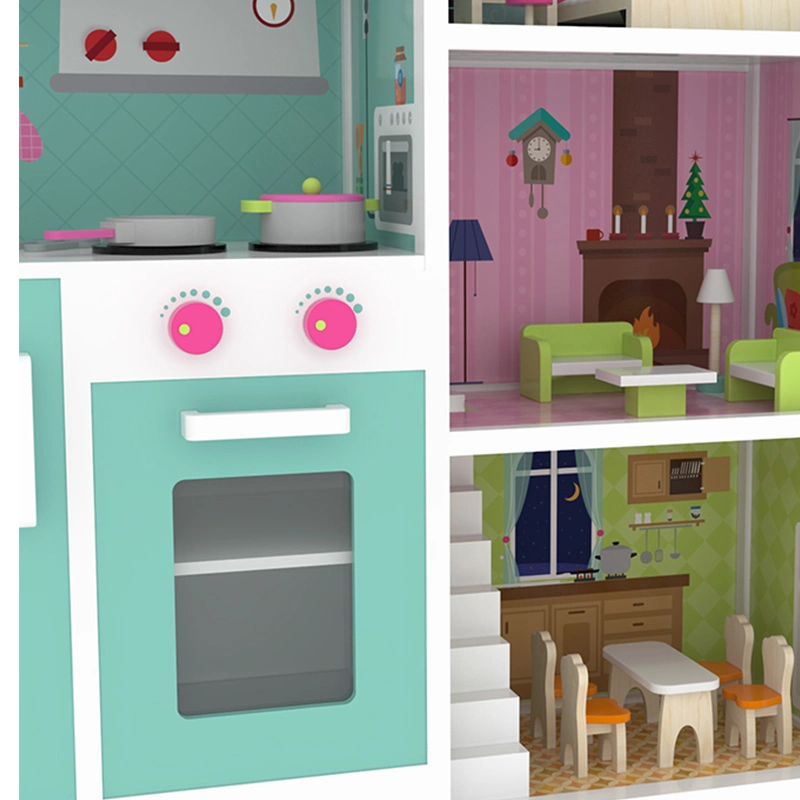 New Design Play Toys Wooden Play 2-in-1 Kitchen Baby Doll House for Kids with Furnitures