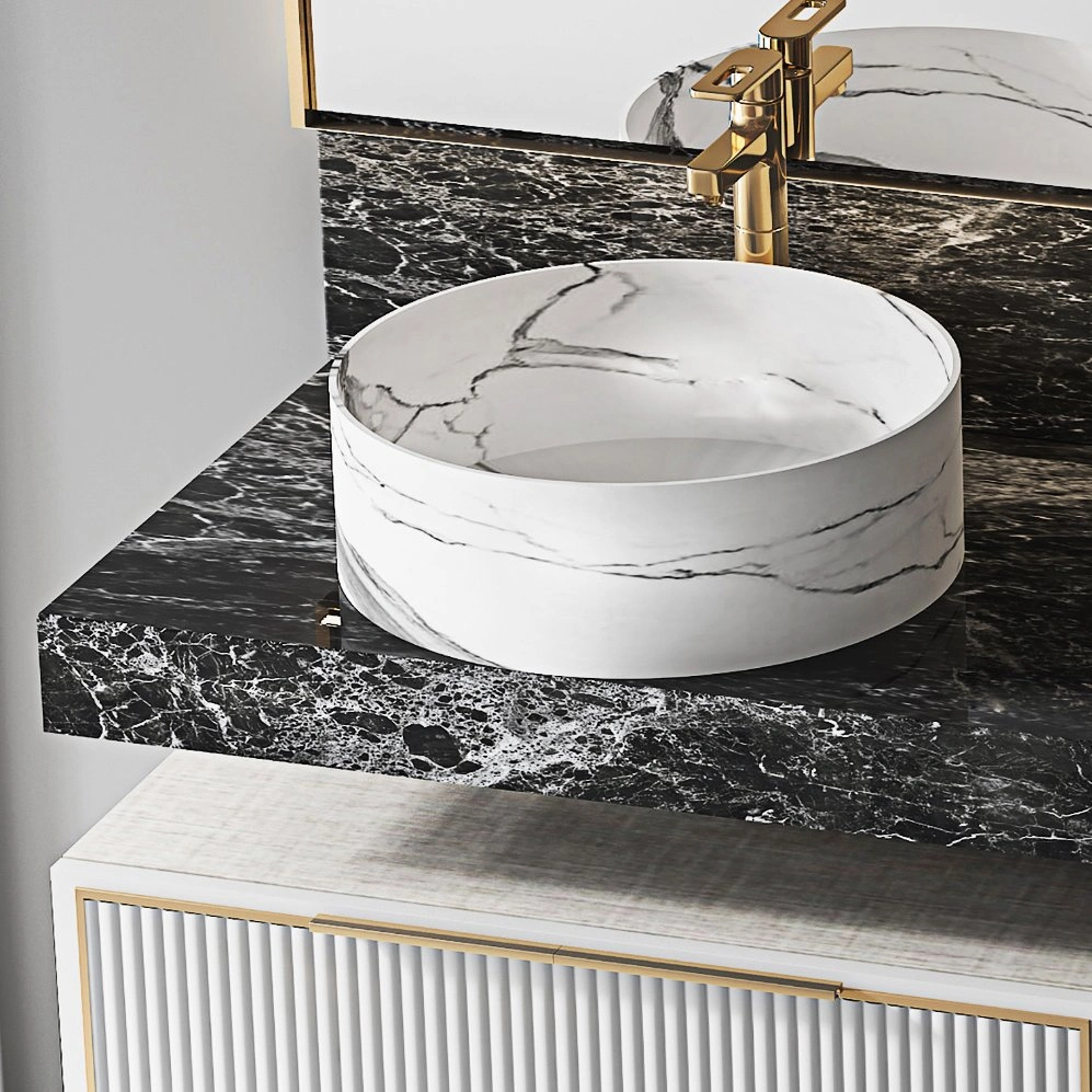 Полукруглый металлический минималистский современный шкаф для ванной комнаты Керамическое зеркало в раковине