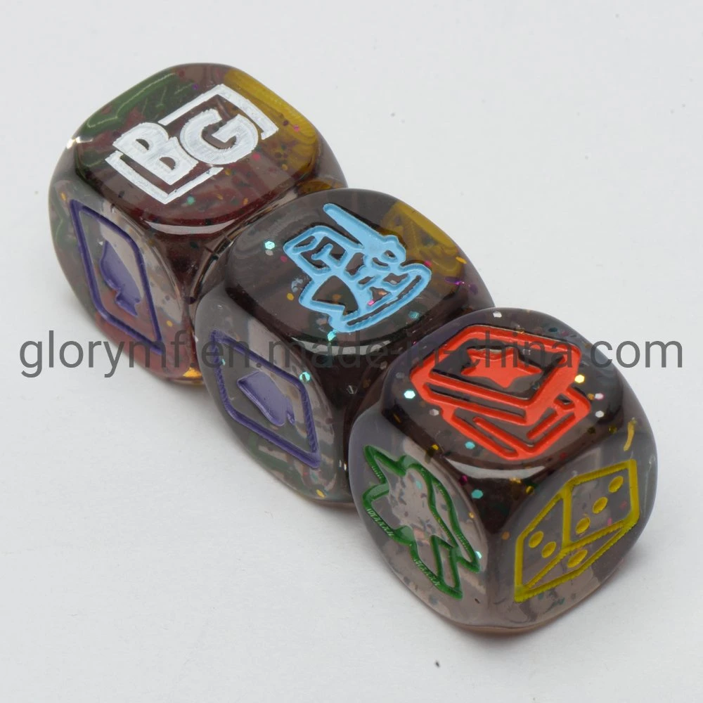 D6 Cor mista gravada 16 mm D6 Dice Epoxy Dice com Pintura a cores