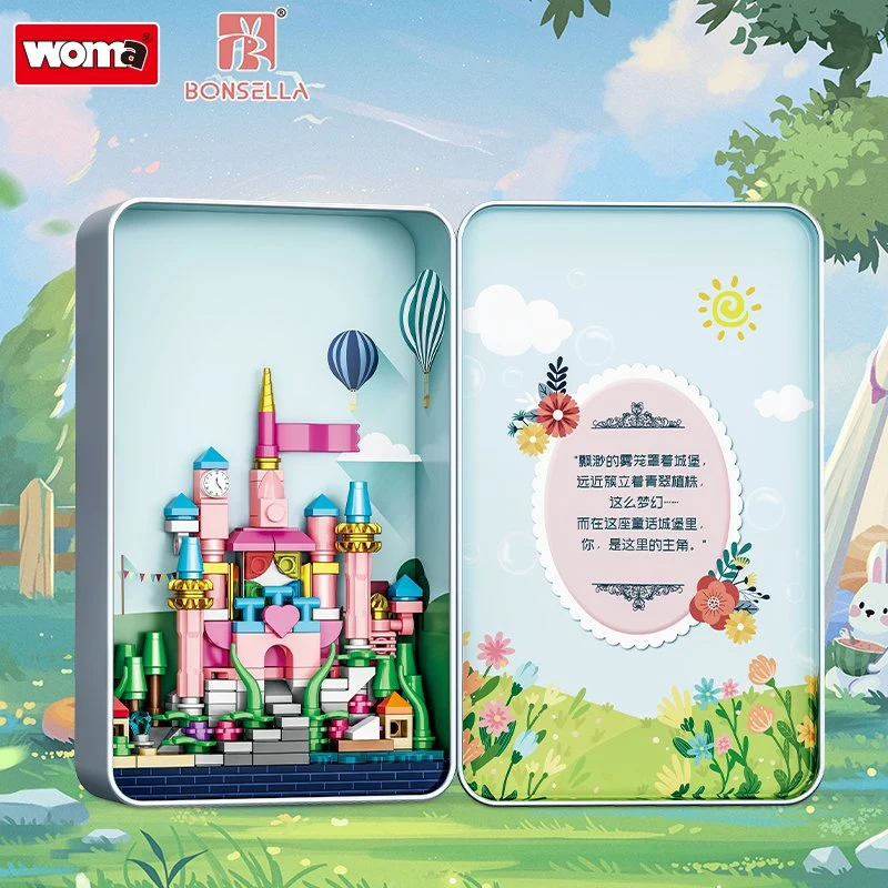 Woma Toys 2022 Amazon Hottest Sale Iron Metal Box Fairy Tale Castle Small Building Block Bricks Christmas Valentine Day Children Gifts Toy DIY