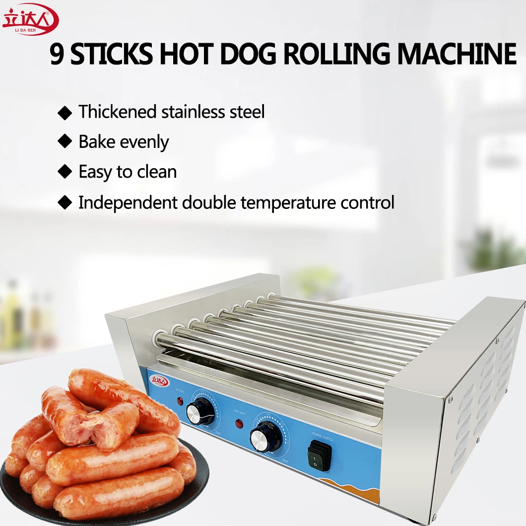 Lida a China fabricante comercial de Preço 9 Roller Grill Hot Dog Aquecedor de salsicha máquina de laminação a quente Industrial Dog Grill do Rolete