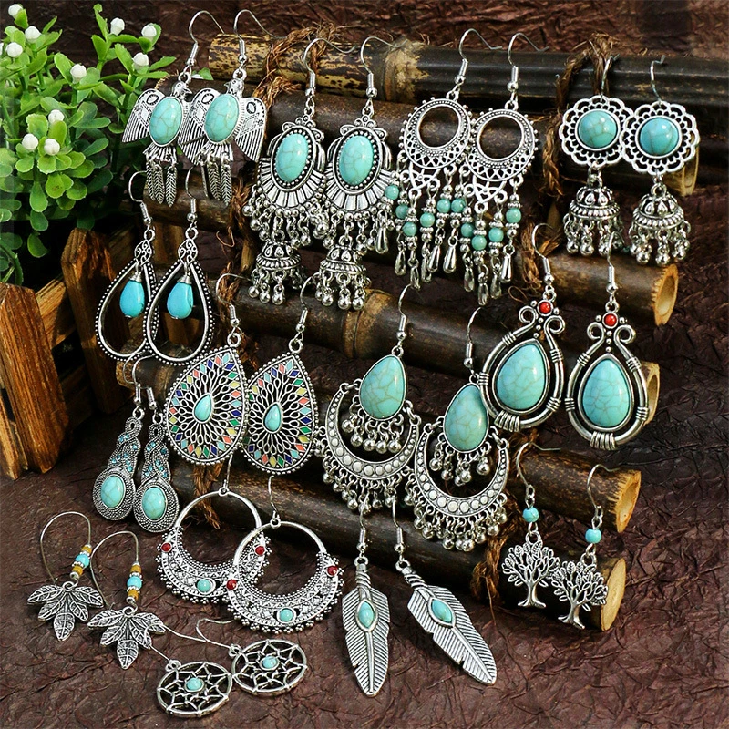 Bohemia Retro Turquoise Stone Vintage Drop Long Earrings Jewelry for Women
