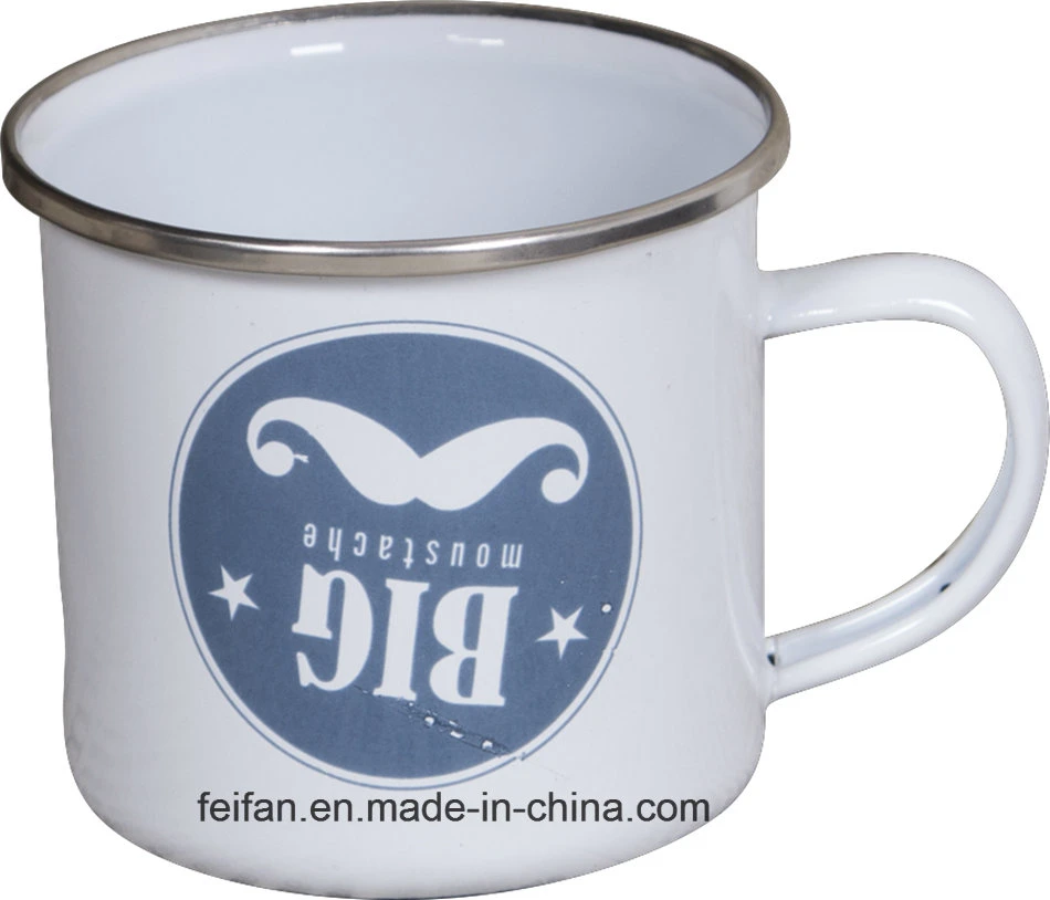 Logo Printing Stainless Steel Rim Enamel Metal Mug Coffee Cup