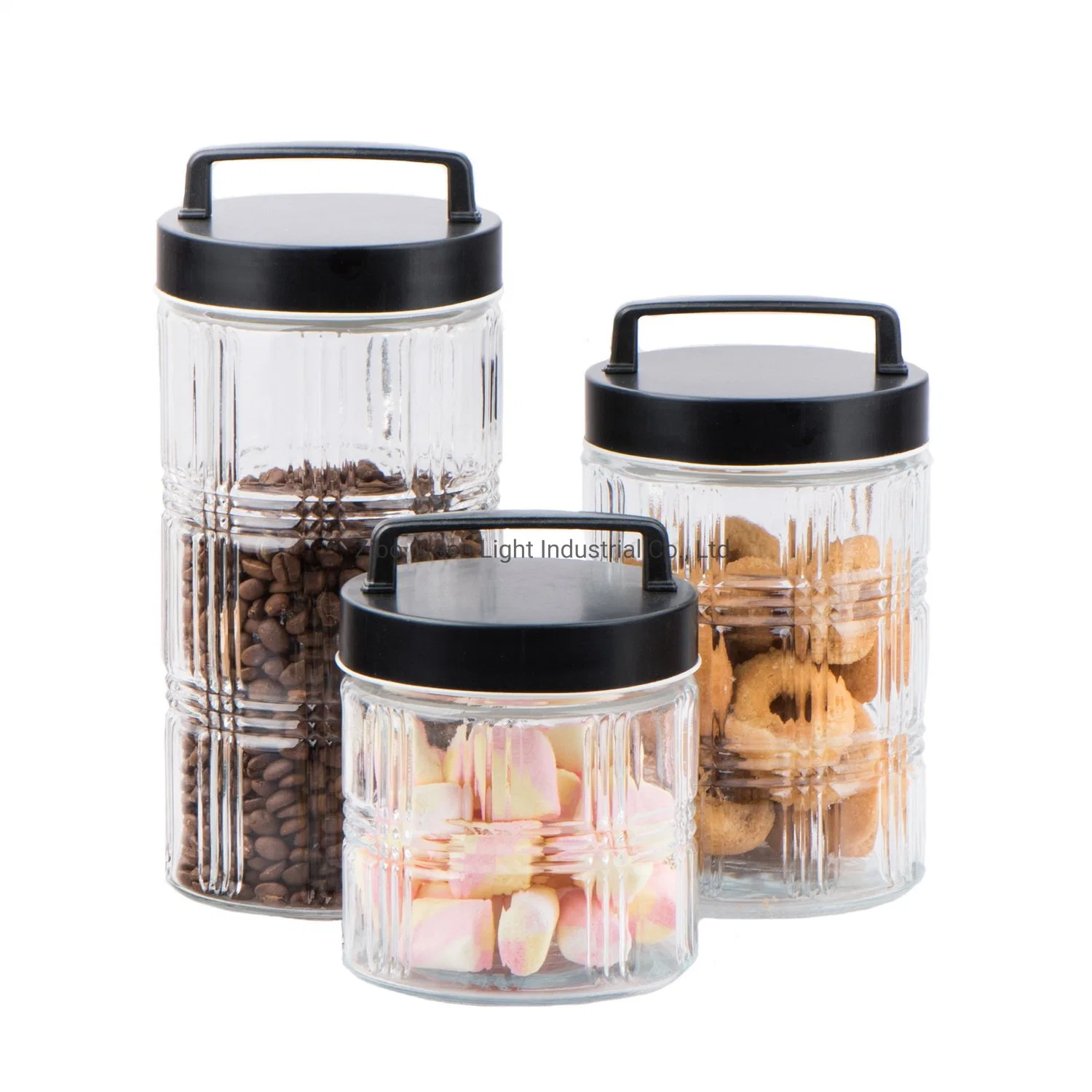 Embossed Glass Food Storage Jar with Black Metal Screw Lid