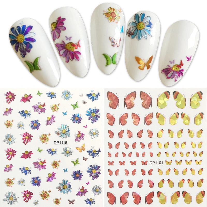 Manicura Nail Art Mayoreo Colorful Laser Butterfly and Flower Nail Pegatinas