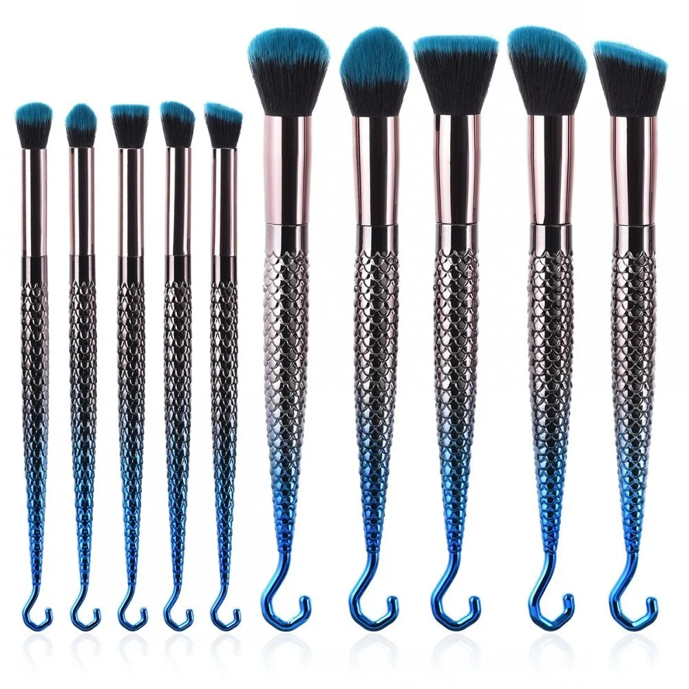 10PCS Fish Hook Cosmetics Brushes Makeup Brush Set 3D Mermaid