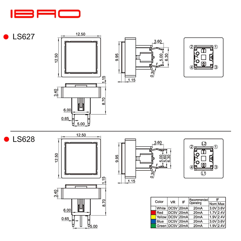 Lámpara Ibao Serie 6*6*8.7mm incorporado LED Interruptor de tacto con el botón Cuadrado de 12,5 mm