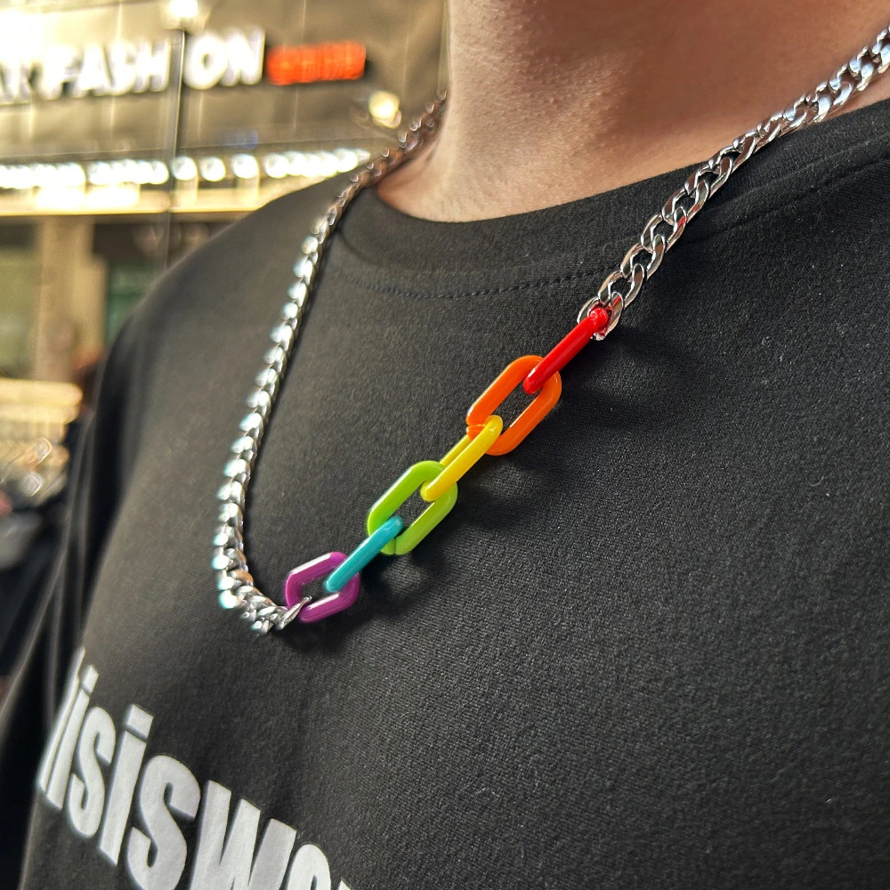 Titanium Steel Colorful Acrylic Splicing Necklace Burst Rainbow Cuba Chain