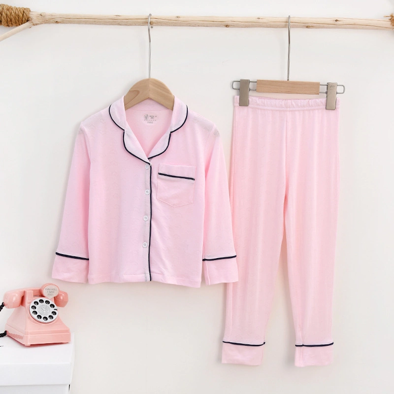 Children's Home Clothes, Summer Lapel Long-Sleeved Confinement Clothes, Middle and Older Children's Cotton Silk Pajamas Set, Summer Parent-Child Underwear Trend