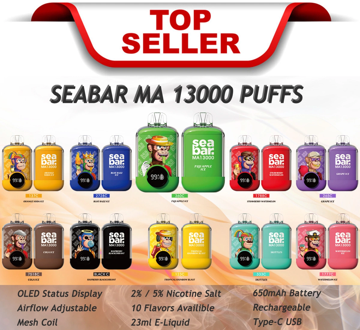 Wholesale/Supplier Vape 7000 9000 10000 13000 Puffs Monkey Vape Seabar Ma 13K Puffs E Cigarette Airflow Adjustable 2% 5% Fruits Flavors Disposable/Chargeable Vape with Crystal Bar