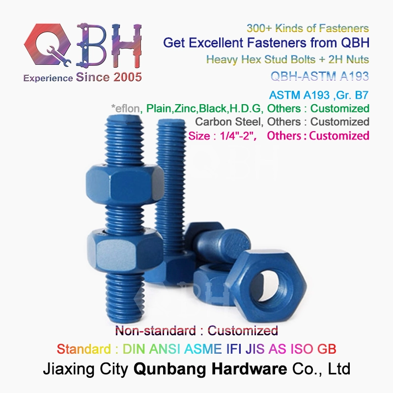 Qbh Customized PTFE Colored Surface Treatment Carbon Steel ASTM A193 B7 Rod + Double A194 2h Nuts Combo Stud Bolt