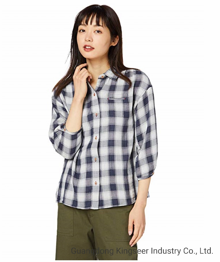 Lady New Fashion Langarm Baumwoll-Stoff Gestreift Karomuster Gingham Casual Shirt Bluse Bekleidung für Damen