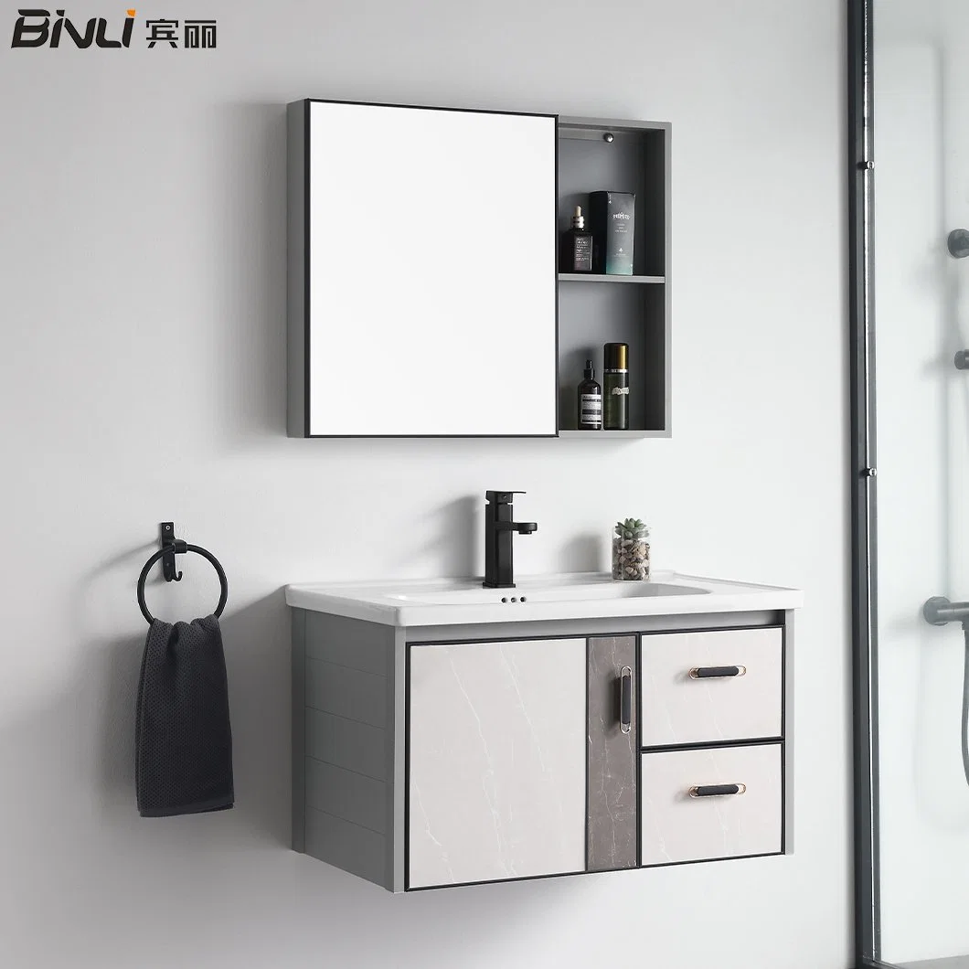 Building House Furniture Wall Mounted Bathroom Sink Cabinet Set with Mirror Drawers Ceramic Vanity