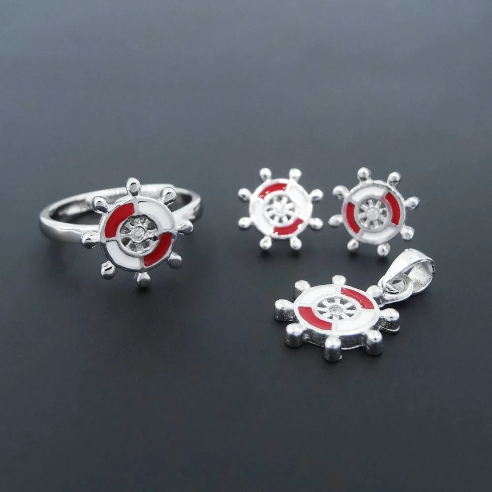 Cute Children Silver Jewellery Plated Rhodium Ship Wheel Helm Rudder Jewelry Set