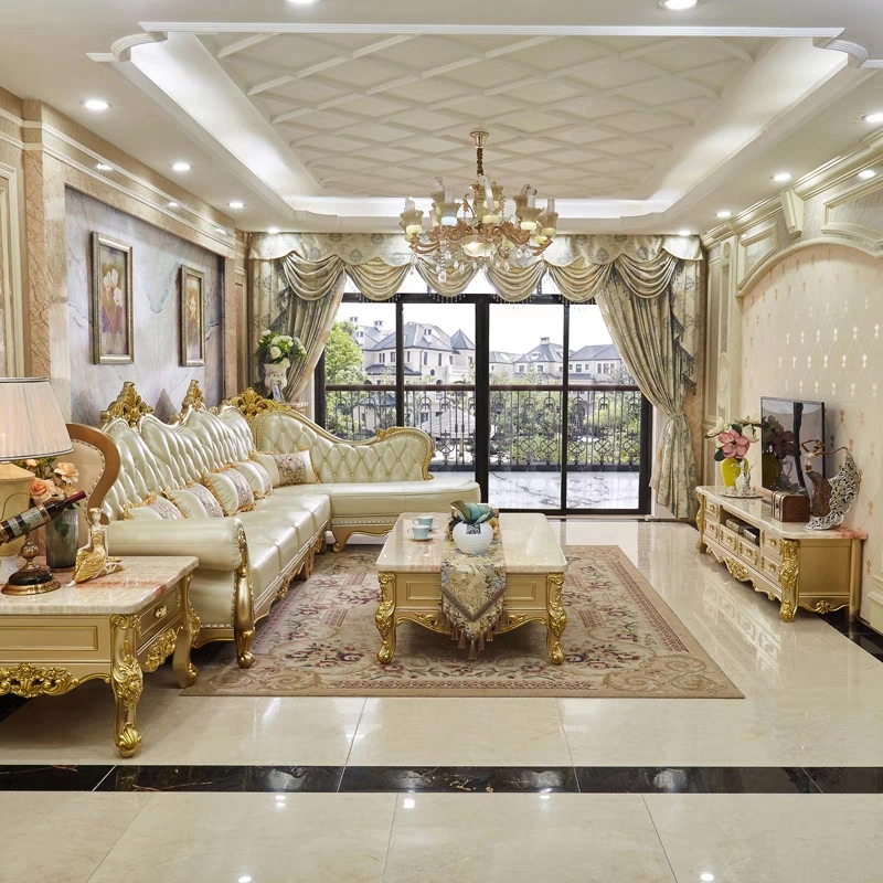 Sofá de móveis de sala de estar de luxo em couro clássico moderno em forma de L, tamanho grande, para hotel e casa.