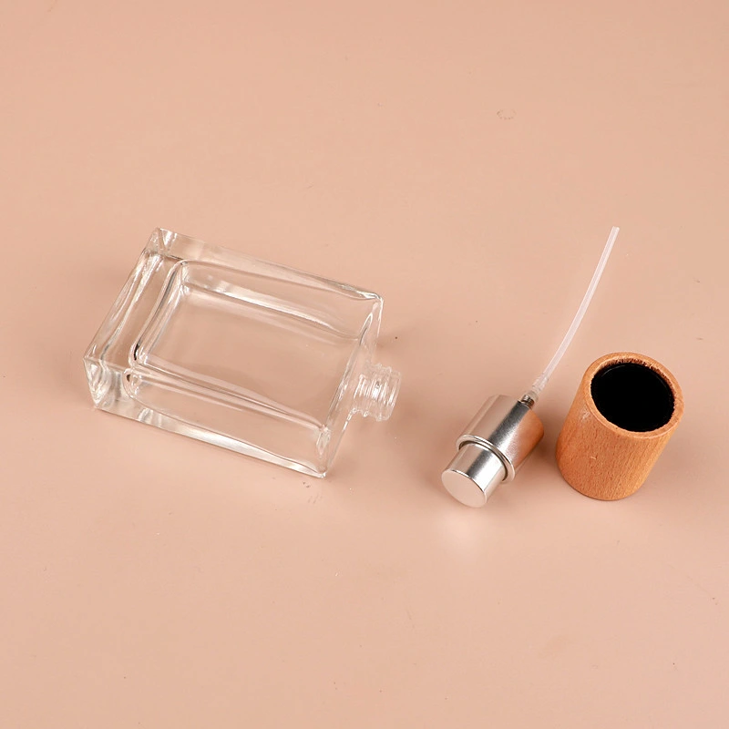 30ml Portable Clear Thick Glass Perfume Spray Bottle Cosmetics Container with Wooden Cap