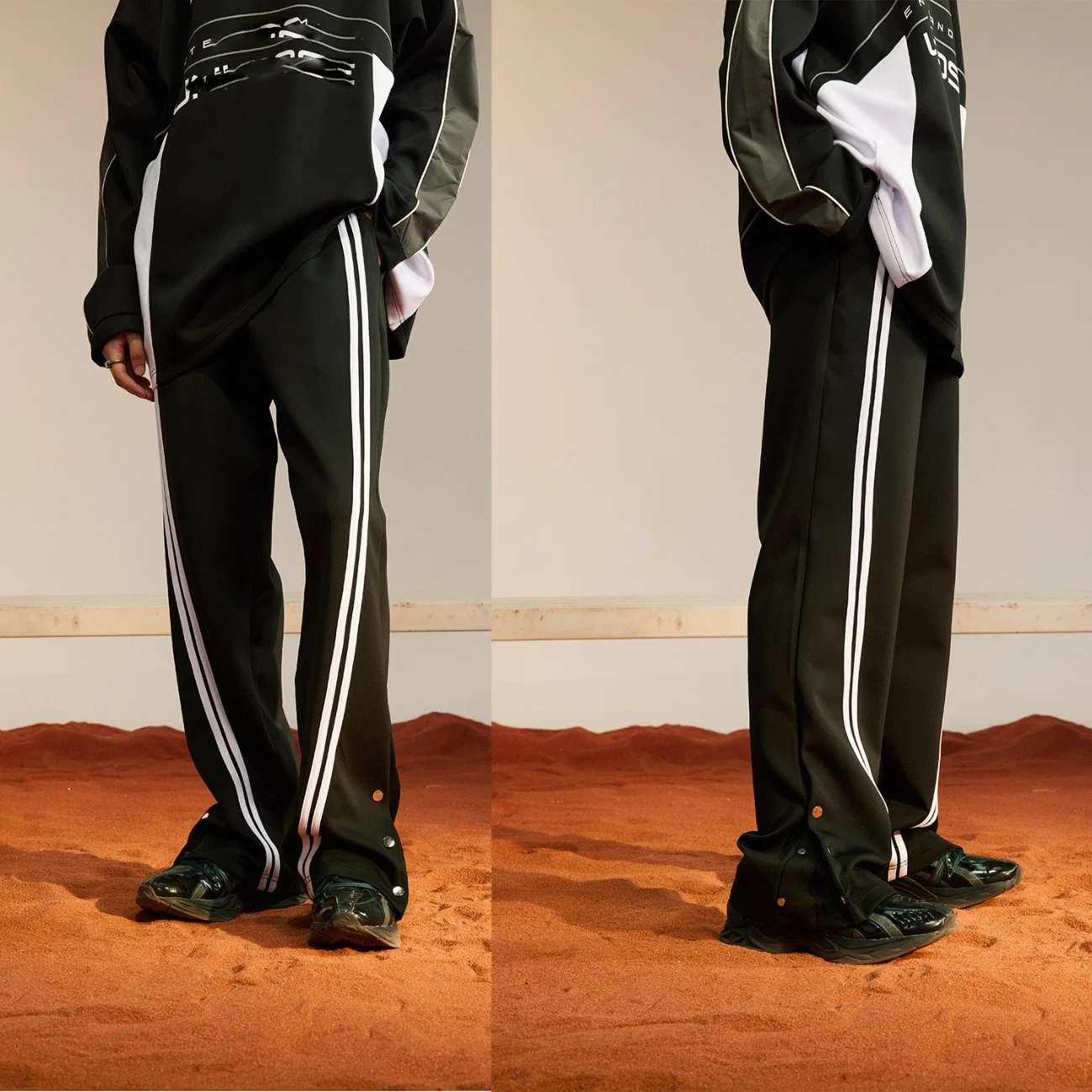 Dois Bares Frisos laterais desportos populares homens calça Outwear Unissexo Personalizado Streetwear Pants