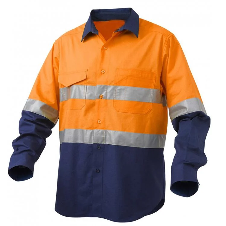 Hi Vis Orange/Navy Blue Long Sleeve Workwear Shirt Two Tone Heavy Cotton Reflective Shirt